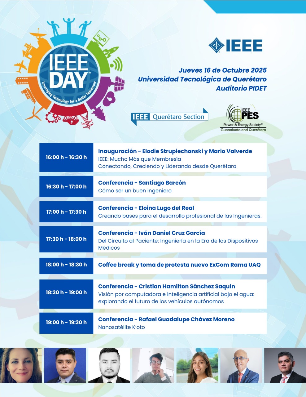 Programa para el IEEE Day 2025 de la Sección Querétaro, incluyen conferencias de diferentes dominios tecnológicos